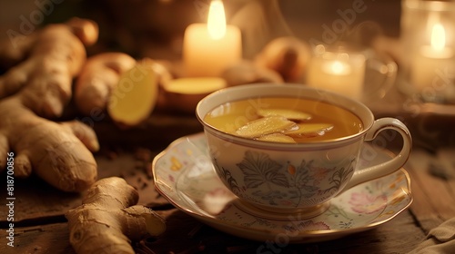 A cup of vibrant and spicy ginger oil, set against a backdrop of freshly harvested ginger roots and exotic spices, emanating warmth and invigorating aromas.