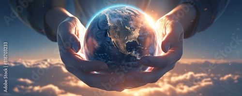 Closeup of hands cradling a small Earth globe