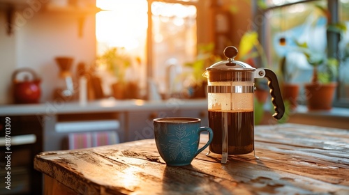A French press filled with freshly brewed coffee beside a ceramic cup on a cozy kitchen table, embodying the art of slow and flavorful coffee brewing.