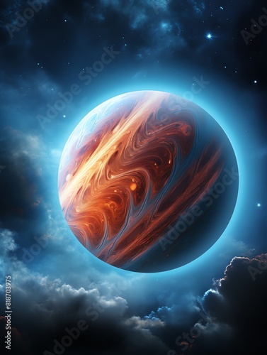 A digital painting of a distant planet. The planet is mostly blue with splashes of red and orange. There are clouds in the foreground and stars in the background.