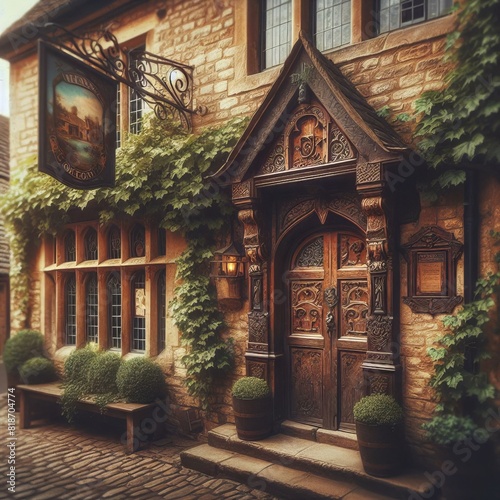 Vintage European Pub: Ivy-Covered Brick Doorway on a Cobblestone Street with Ornate Woodwork and Lanterns