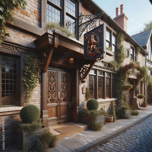 Vintage European Pub: Ivy-Covered Brick Doorway on a Cobblestone Street with Ornate Woodwork and Lanterns