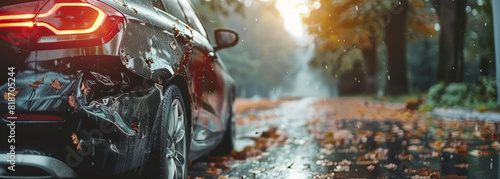 A black car is parked on a wet road with leaves on the ground. The car is covered in mud and rain, giving it a dirty and worn appearance. Concept of weariness and exhaustion