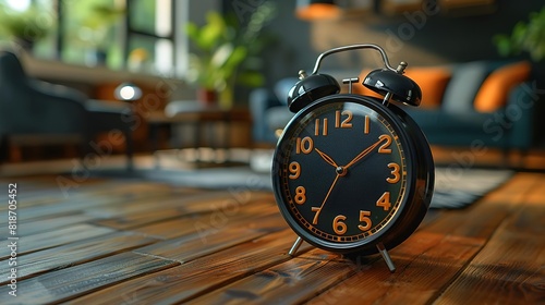 A close-up of a black alarm clock on a wooden table. The clock is set to 10:10. The background is blurry and shows a living room with a couch and a coffee table.