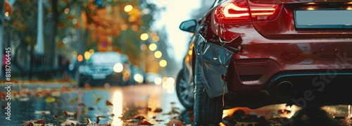 A red car is parked on the side of the road with a smashed bumper. The car is in the middle of a busy street with other cars and a truck in the background. The scene is dark and rainy
