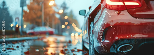 A red car is parked on a wet street with a blurry background. The car has a lot of water on it, and the street is wet and slippery. The scene has a moody and somewhat ominous feeling