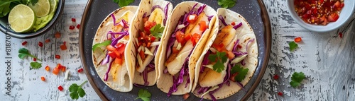 Aerial view of a plate of fish tacos, colorful cabbage slaw, on white