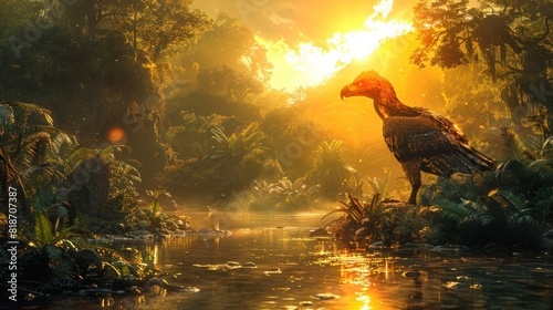 Anthropomorphic artistic image of jungle raptor in distance.