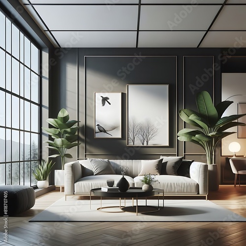 A living Room with a mockup poster empty white and with a couch and plants art harmony art .