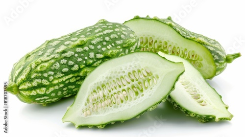 This image shows a bitter melon, also known as a bitter gourd