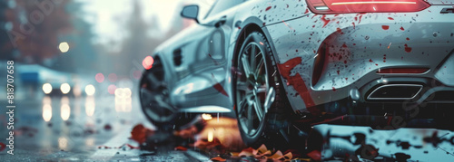 A car is shown with its back end crushed and its front end covered in blood. The car is on a wet road, and there are other cars in the background. The scene is dark and moody, with the blood