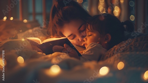 A parent gently kissing their child goodnight, tucking them into bed with a storybook and a soft lullaby, illustrating a bond filled with care and affection.