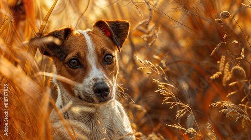 Pies o brązowo-białym umaszczeniu siedzi w wysokiej trawie, spokojnie obserwując otoczenie