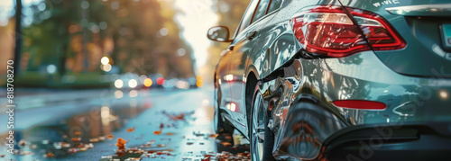 A car is parked on a wet road with leaves on the ground. The car is in the middle of the road and has a damaged rear end