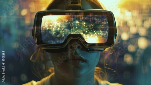 Conceptual image of simulation with virtual reality goggles displaying an alternate universe, hyperreal