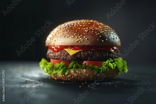 burger food illustration juicy photorealistic highres delicious appetizing meat bun lettuce tomato culinary realistic mouthwatering 