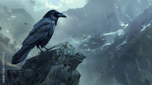 A striking raven perched on a rocky ledge, its glossy black feathers and intelligent gaze symbolizing mystery and wisdom in nature.