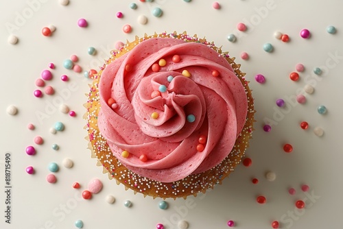 An upbeat cupcake with lively pink icing against a bright white backdrop in an overhead perspective