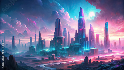 A digital landscape with towering skyscrapers and glowing neon signs, representing a cyberpunk cityscape