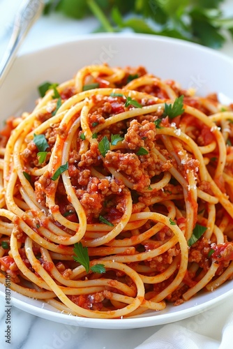 Overhead view of a plate of spaghetti Bolognese, bright white background