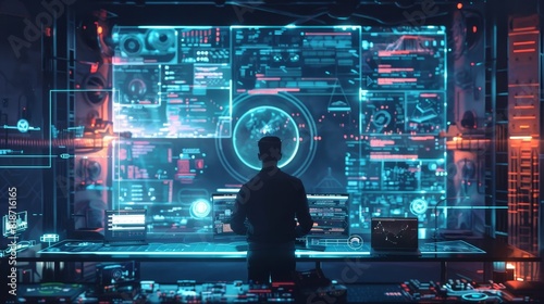 A conceptual stock photo of a young entrepreneur brainstorming futuristic business ideas, visualized with holographic displays around a modern workspace