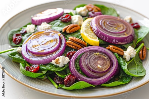 Colorful Baby Spinach Salad with Roasted Red Onions and Dried Cranberries