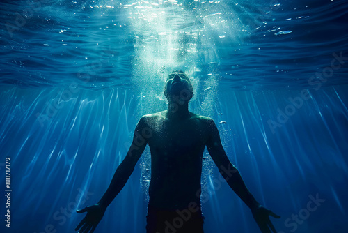 Man with outstretched arms drowning in water