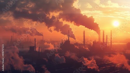 Industrial Pollution at Sunset with Smoke and Chimneys