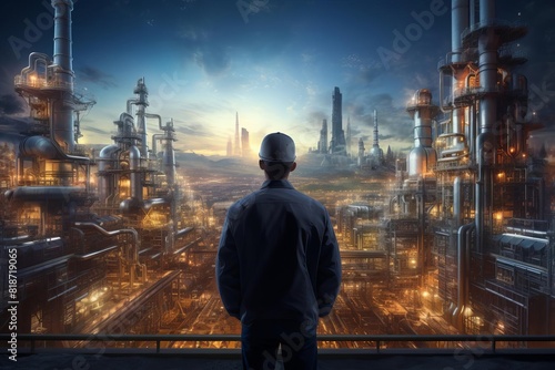 The photo shows a man standing on a platform in front of an industrial cityscape