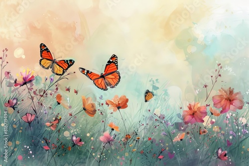 butterflies meadow flowers nature whimsical dancing watercolor dreamy colorful springtime botanical floral surreal fantasy landscape illustration digital painting 