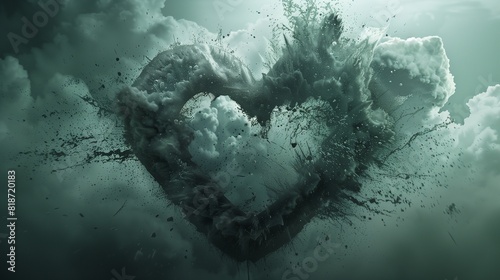 An abstract representation of a heart-shaped cloud breaking apart, conveying the emotional storm of a broken heart.