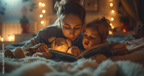 Mother tenderly reading a bedtime story to her children under candlelight, summer concept vacation concept holidays