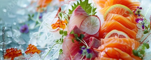 Creative sashimi presentation featuring butterfly-shaped cuts of assorted fish, decorated with microgreens, ideal for high-end culinary advertising