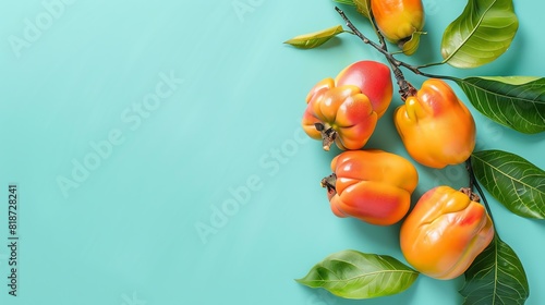 A branch of ripe persimmons with green leaves on a blue background. The persimmons are orange and have a smooth, shiny skin.