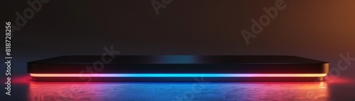 Dark reflective podium with neon edges Futuristic black podium with glowing neon edges, offering a vibrant contrast for modern tech gadgets