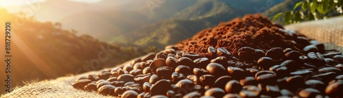 Freshly ground coffee beans on a burlap sack, close up, focus on the texture of the beans, deep and vibrant colors, silhouette with mountain peaks at sunrise