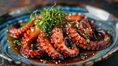 Freshly sliced octopus sashimi on a rustic blue ceramic plate, complemented by seaweed salad and sesame seeds, casual dining setting
