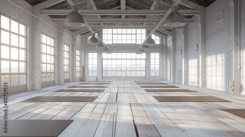 Contemporary Yoga Sanctuary: Empty Studio with Parquet Floors and Urban Vibes