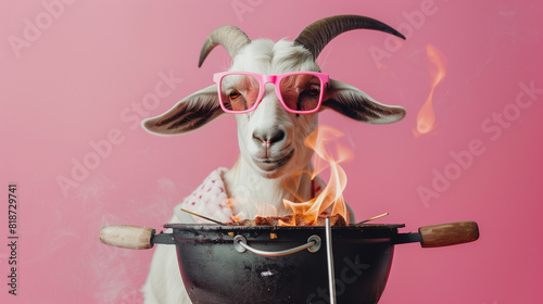 funny eid ul adha concept, goat having a bbq barbecue on eid al adha, bakra eid