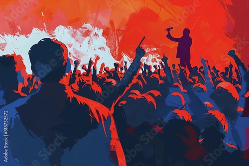 charismatic politician speech rally supporters crowd passionate rousing motivating movement campaign protest activism leadership digital illustration 