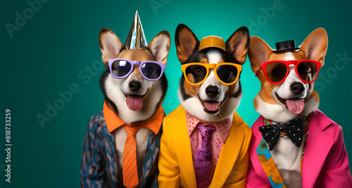 Creative animal concept. Group of Welsh Corgi dog puppy in funky Wacky wild mismatch colourful outfits on bright background advertisement, copy space. birthday party invite invitation banner 