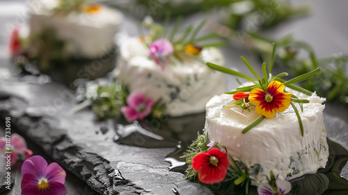 An elegant presentation of soft goat cheese adorned with herbs and edible flowers.