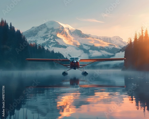 Seaplane Gliding Onto a Breathtaking Mountain Lake at Sunrise Tranquil Wilderness Landscape with Serene Reflection