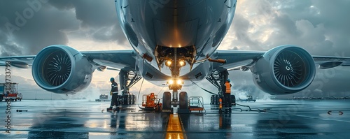 Airplane Maintenance Crew Performing Repairs on Jet Engine During Stormy Runway Conditions