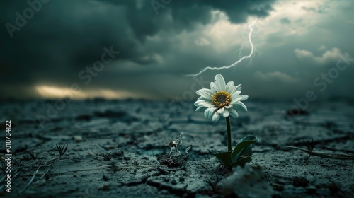 A flower grows in a barren desert landscape as a storm approaches. AIG51A.