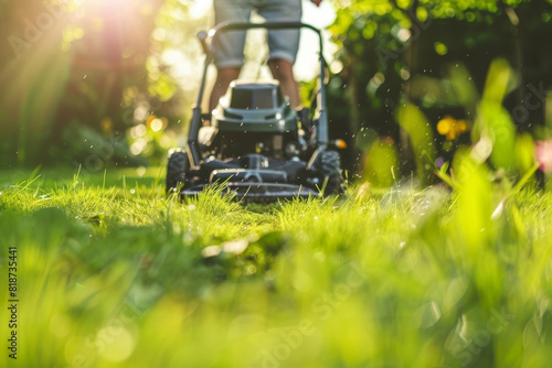 A man is mowing the lawn with a lawn mower. The grass is green and the sun is shining brightly