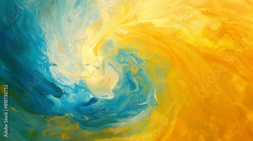 A painting of a yellow and blue swirl with a blue and yellow background. The painting has a bright and lively feel to it
