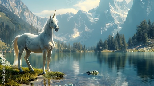 Mythical Creatures: A majestic unicorn standing by a crystal-clear lake