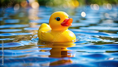 Detailed shot of a yellow rubber duck floating on water, evoking nostalgia and playfulness