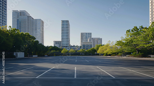 a parking lot with trees and buildings in the background